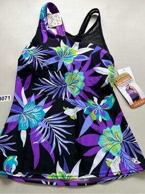 ZeroXposur Purple Floral Tankini Top Spaghetti Strap UPF 30+ Padded Size XS